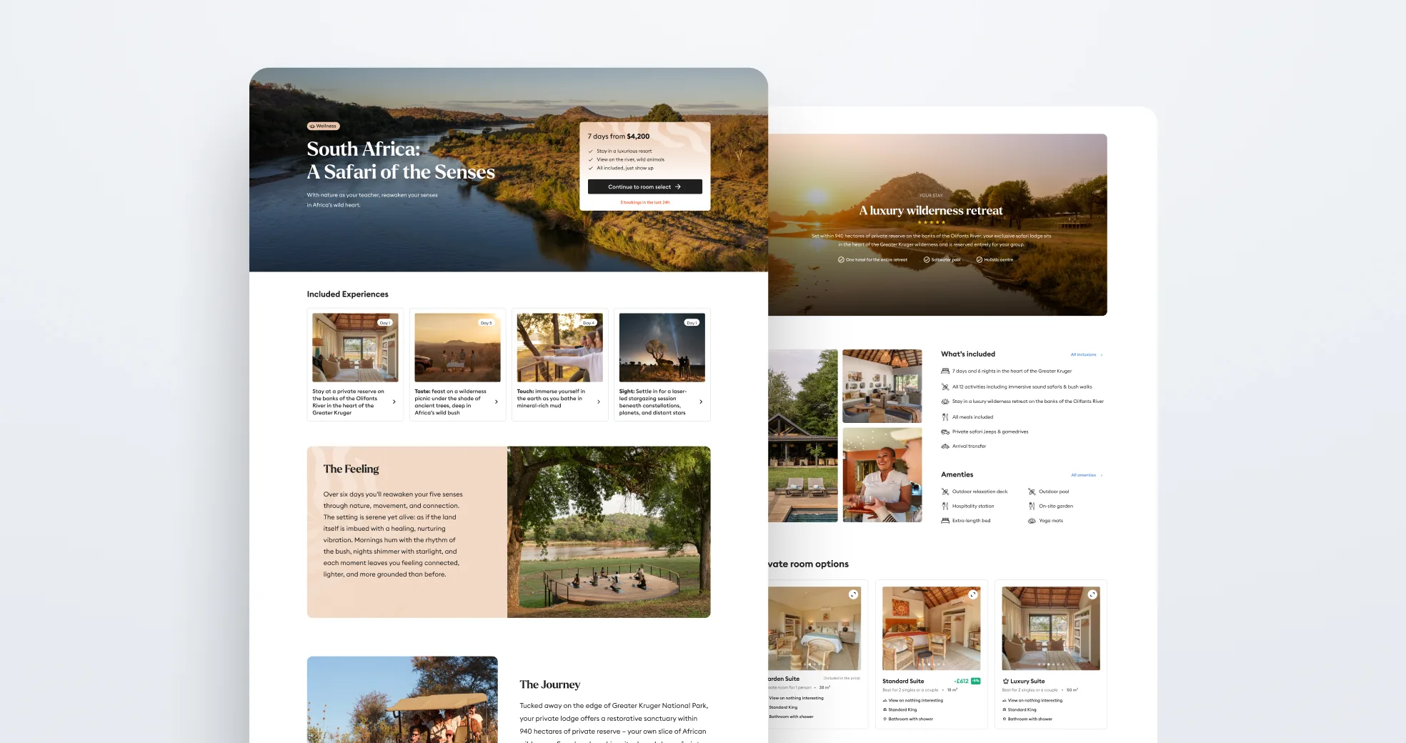 A Flash Pack trip page for "South Africa: A Safari of the Senses" — hero with the 7-day price and a room-select button, day-by-day included experiences, and private room options