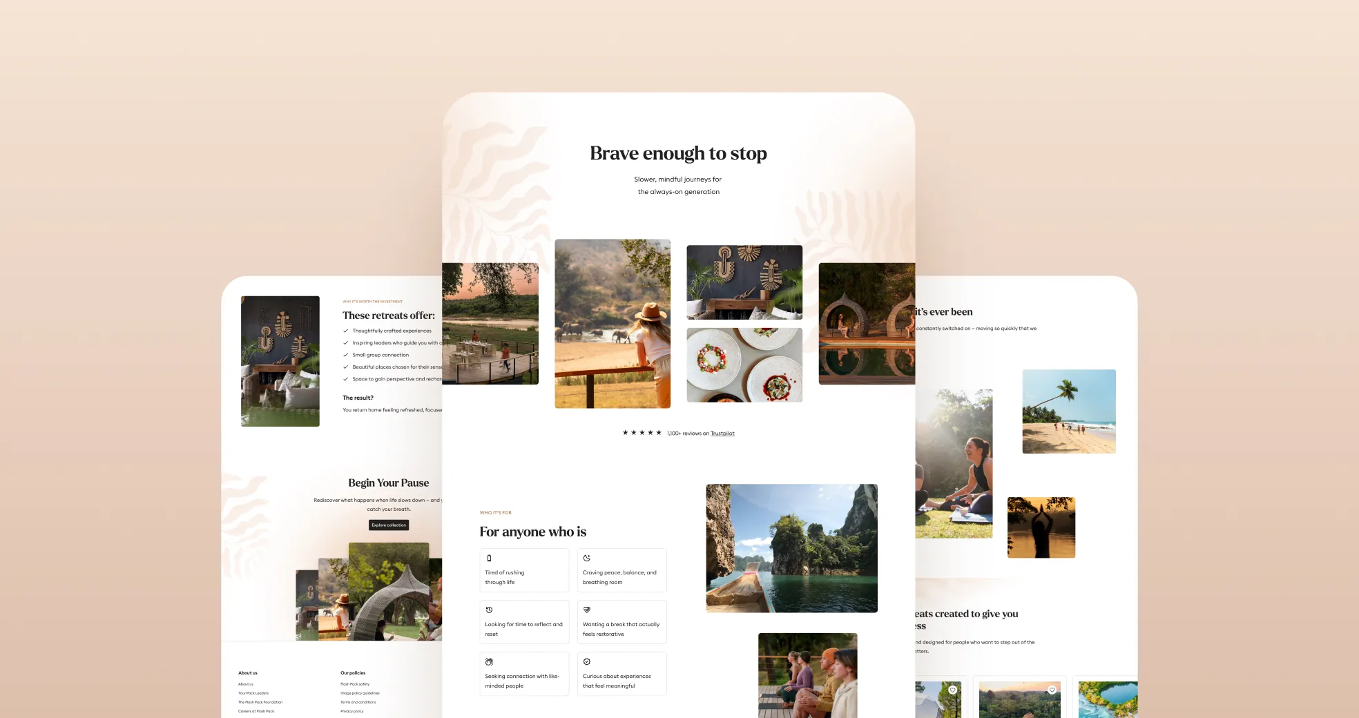 Flash Pack retreat collection pages — the "Brave enough to stop" landing page for slower, mindful journeys, with related pages layered behind it