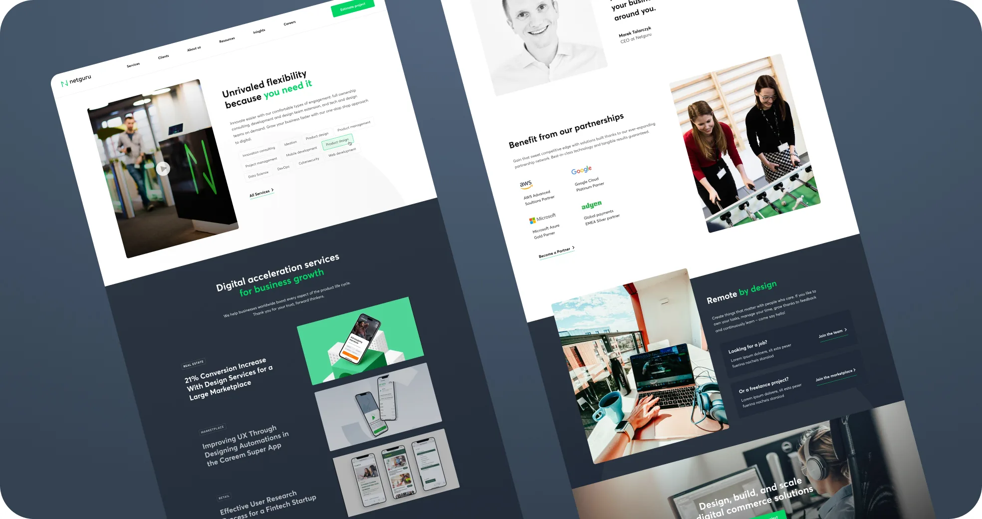 Two full-length Netguru marketing pages side by side, showing the services, case-study, partnership and careers sections