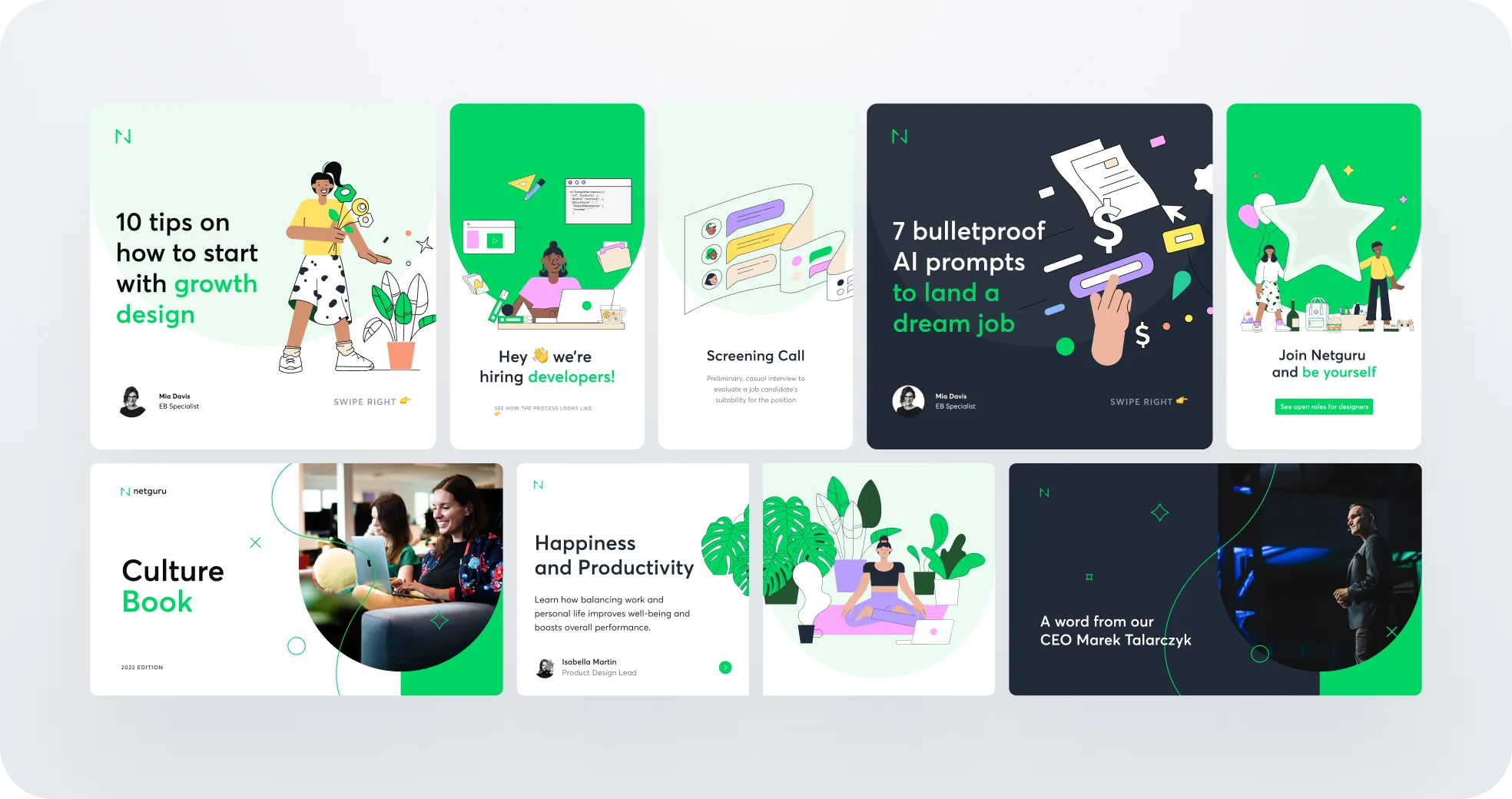 A grid of Netguru employer-branding pieces β social carousels on growth design and hiring, a screening-call explainer, the 2022 Culture Book, and a CEO talk card