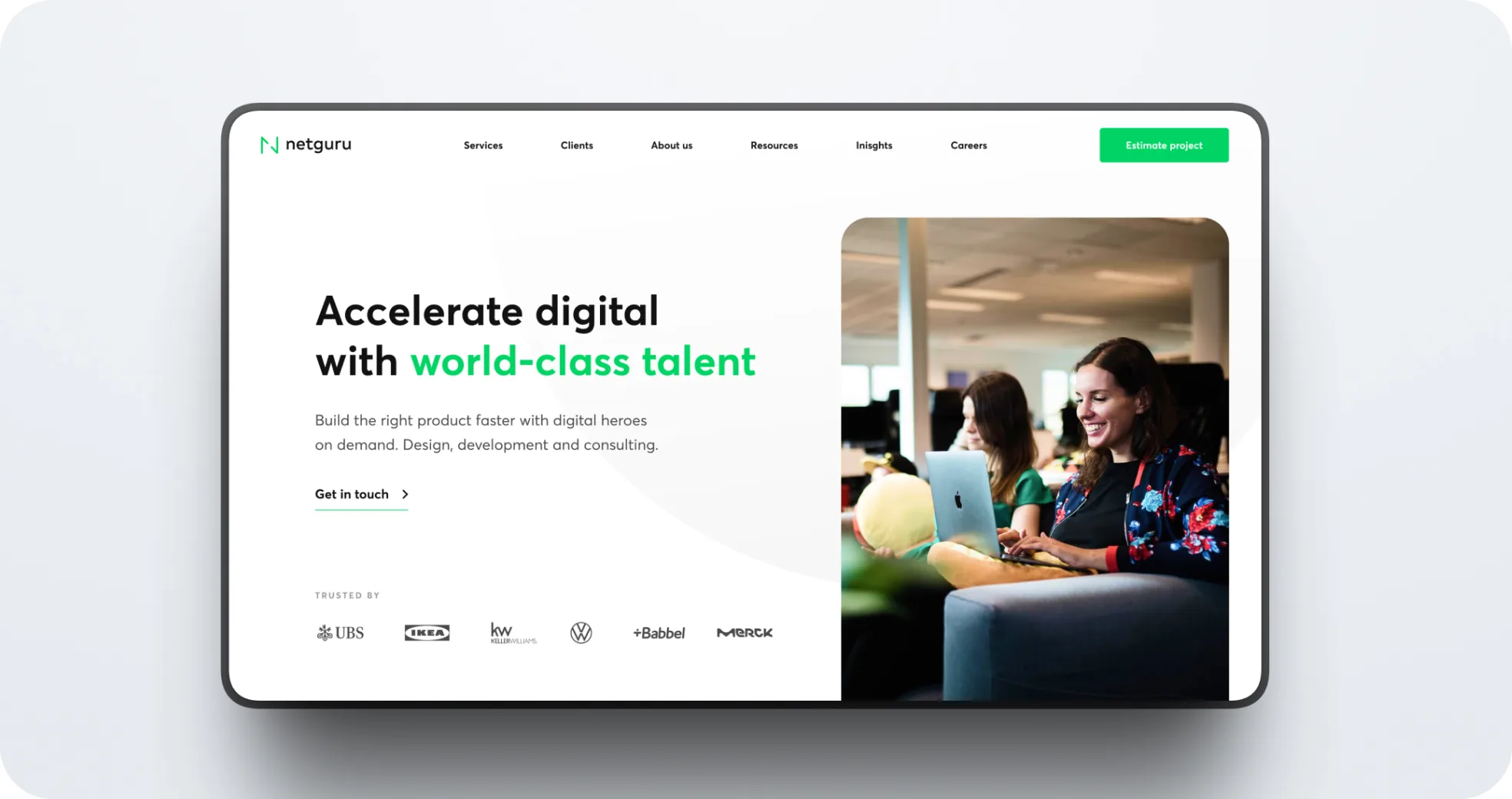 The Netguru homepage on a laptop β the 'Accelerate digital with world-class talent' hero, with client logos beneath