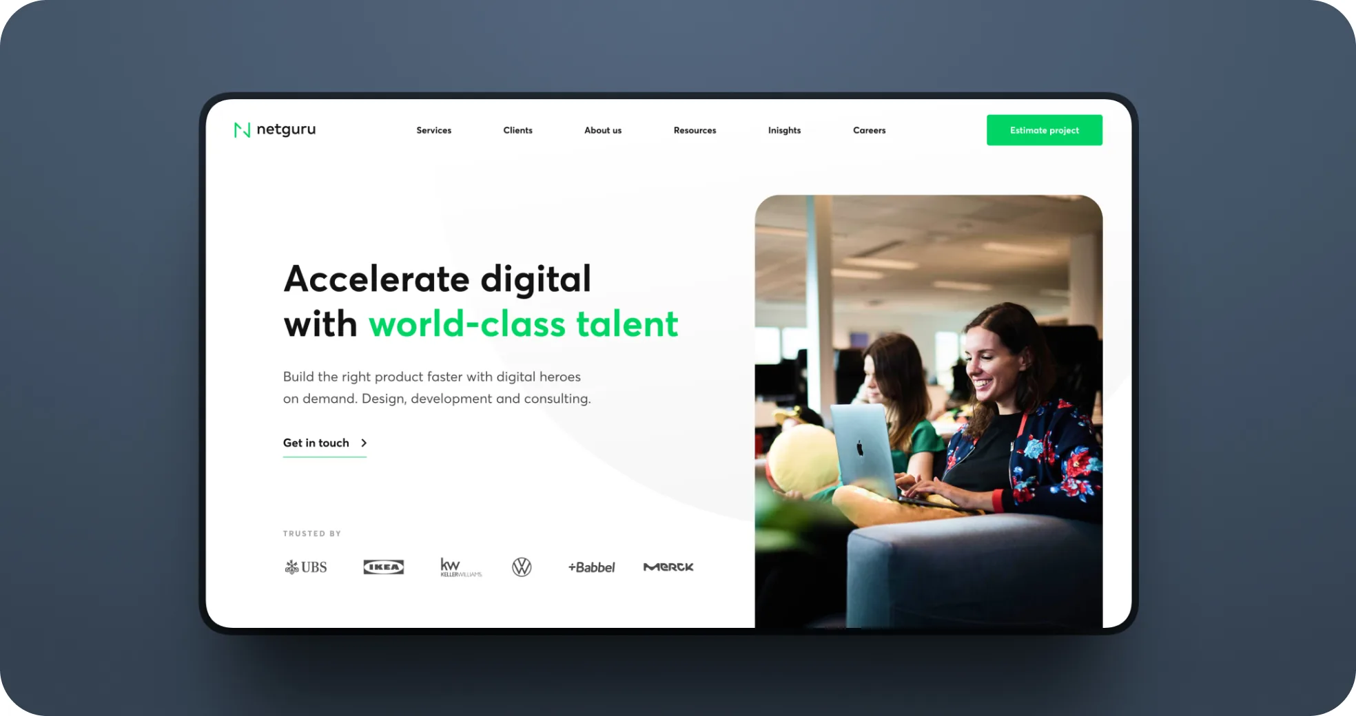 The Netguru homepage — the "Accelerate digital with world-class talent" hero, with client logos beneath